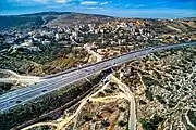 The old village of Beit Hanina separated from the new part of Beit Hanina by the separation barrier and Highway 50