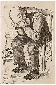 Old Man with his Head in his Hands ("At Eternity's Gate") (F1662, JH268), lithograph, 1882, various collections, including Tehran Museum of Contemporary Art, whose version illustrated is annotated by the artist in ink at lower left: At Eternity's Gate