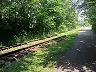 Remnants of the abandoned railroad tracks and switch near the trailhead in Munster