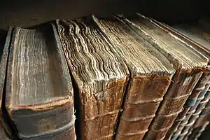 Photograph of a row of ancient books, some with disintegrating leather covers