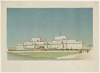 A rare colour lithograph by an unknown artist of the opening of provisional parliament house in Canberra, 9 May 1927