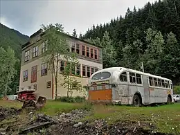 Trolleybus beside a building in Sandon