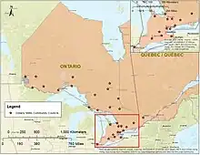 Map of the Métis community councils managed by the Métis Nation of Ontario which represent Métis people at the local level.