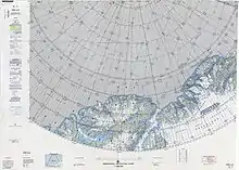 A polar navigational chart of far north Greenland and Canada north of 80 degrees latitude, with grid lines and color-coding of green and white based on elevation and ice cover.