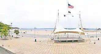 Panoramic view of Orchard Beach, facing from the bathhouse pavilion