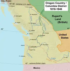 Map of the Oregon Country "jointly occupied" by the United States and the United Kingdom; the Columbia Department at its greatest extent included areas far to the north and to the south.