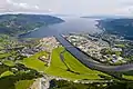 Orkanger seen towards north, with Orkdal Fjord in the background. By Åge Hojem, Trondheim havn.