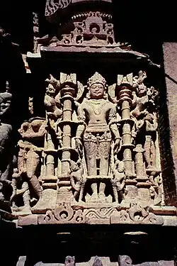 Jivantasvami image of a Tirthankara carved on Torana in Mahavira Jain temple, Osian