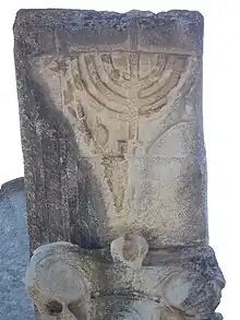 Detail of a menorah relief on a column, Ostia Synagogue, 1st century