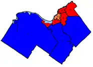 Map of the region's ridings. Colours show the result after the 2004 election