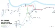 Subway style map of the two o-train lines and various bus rapid transit lines crisscrossing the city