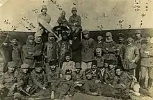 Ottoman pilots in 1914/1915 next to a Blériot XI-2 monoplane. Ahmet Ali Çelikten can be seen next to the propeller.