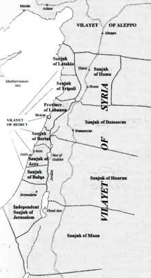 "Independent" Sanjak of Jerusalem shown within Ottoman administrative divisions in the Eastern Mediterranean coast after the reorganisation of 1887–88