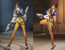 A youthful, female, Caucasian, computer-generated character holding automatic firearms and wearing orange leggings stands upright and looks over her left shoulder. In the left image she has both feet on the ground and is viewed from the back while in the right image she stands on her left leg with her right leg raised and placed beneath her buttock.