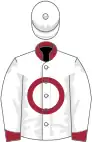 white, maroon circle and collar, maroon cuffs