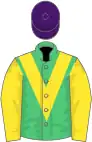 Emerald Green, yellow chevron and sleeves, purple cap