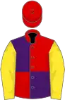 Red and purple (quartered), yellow sleeves, red cap