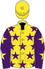 Yellow, purple stars, purple sleeves, yellow stars, yellow cap