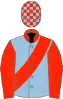 Light Blue, Scarlet collar, sash and sleeves, check cap