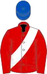 Red, white sash, royal blue cap