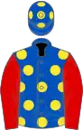 Royal blue, yellow spots, red sleeves