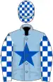 Light blue, royal blue star, white and royal blue check sleeves and cap