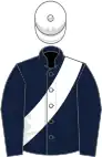 dark blue, white sash and cap