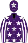 Purple, white stars, striped sleeves, white star on cap