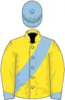 Yellow, light blue sash, cuffs and cap