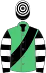 Emerald green, black sash, black and white hooped sleeves, black and white hooped cap