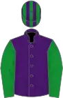 Purple, green sleeves, striped cap