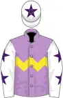 Mauve, yellow chevron hoop, white sleeves, purple stars, white cap, purple star