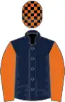 Dark blue, orange sleeves, black and orange check cap