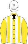 Yellow and white stripes, yellow sleeves, white cap