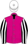 Cerise, black and white striped sleeves, white cap