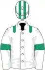 White, emerald green epaulettes, emerald green armlet, emerald green and white striped cap