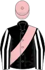 Black, white striped sleeves, pink sash and cap