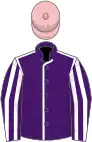 Purple, white seams, striped sleeves, pink cap