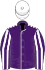 PURPLE, WHITE seams, striped sleeves, WHITE cap