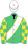 Emerald green, white sash, emerald green and yellow checked sleeves, white cap