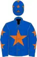 Royal blue, orange star, royal blue sleeves, orange stars and cap