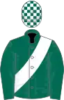 Dark green, white sash, check cap