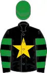 Black, green hooped sleeves, gold star, green cap