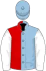 Light blue and red (halved), white sleeves, light blue cap