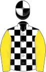 Black and white check, yellow sleeves, black and white quartered cap