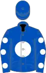 Royal blue, white disc, royal blue sleeves, white spots