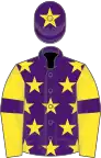 purple, yellow stars, yellow sleeves, purple armlets, purple cap, yellow star.