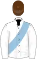 White, light blue sash, brown cap