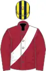 Maroon, white sash, navy blue cap, yellow stripe