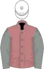 Salmon pink, grey sleeves, white cap